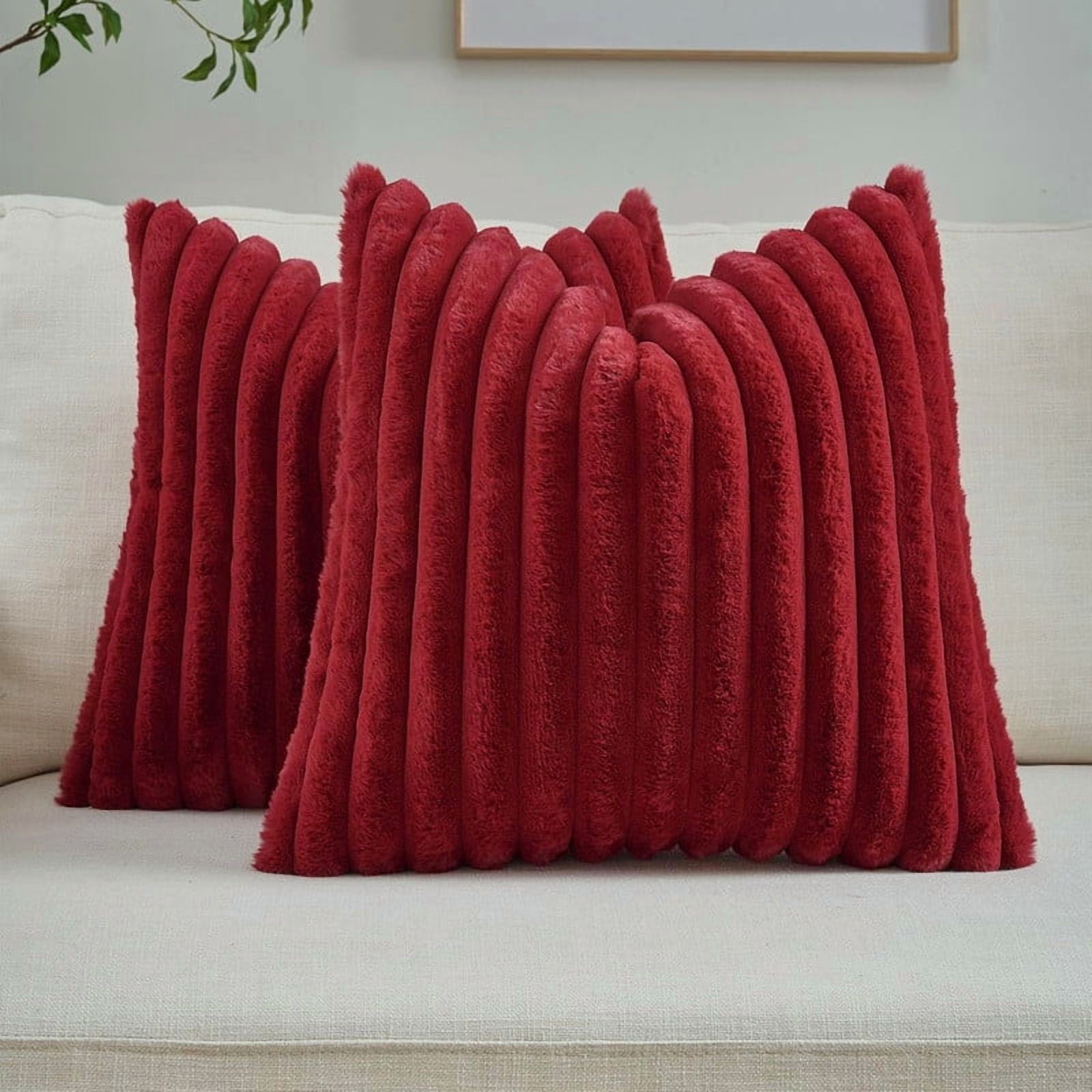 Throw Pillow Covers Decorative Faux Fur Set of 2 22 x 22 Inch Pillow Covers, Soft Wine Red Striped Outdoor Pillowcases for Couch Sofa Bed Living Room, Fluffy Cute Home Boho Accent Fuzzy Decor