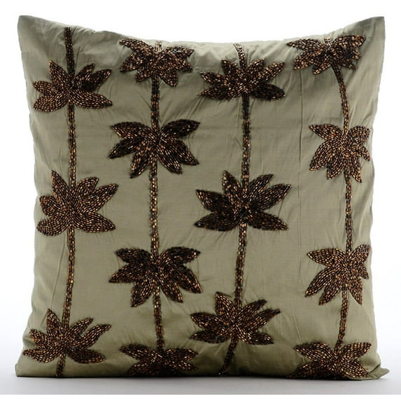 Throw Pillow Covers, Decorative Sage Green Pillow Cover For Sofa 16x16 inch (40x40 cm), Taffeta Cushion Cover, Nature & Floral, Beaded, Contemporary Throw Pillow - Brown Lotus Dreams