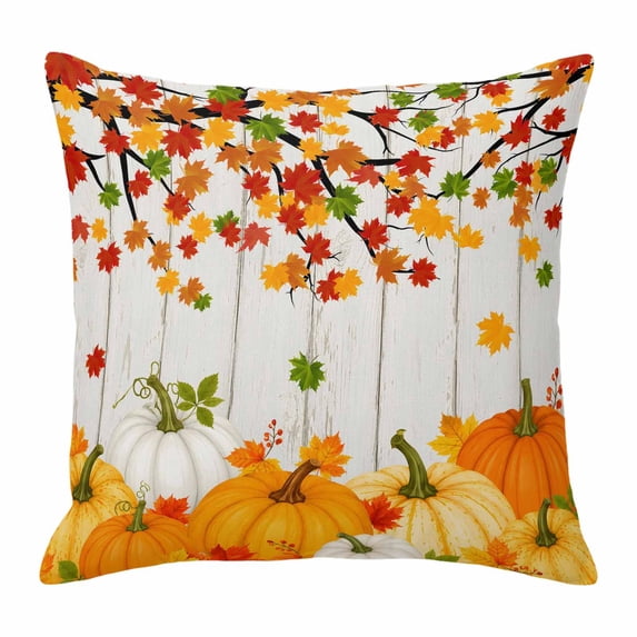 Throw Pillow Covers, Fall Pumpkins Decorative Throw Pillow Covers 20x20 Inch, Thanksgiving Red Orange Maple Leaf Wood Grain Square Linen Pillow Cases for Couch/Living Room/Sofa