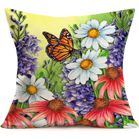 Throw Pillow Covers Farmhouse Decor Daisy Flower Garden with Butterfly Decorative Cotton Linen Square Pillow Case Outdoor Cushion Cover for Home Sofa Couch 18 x 18 inch (Floral-YD)