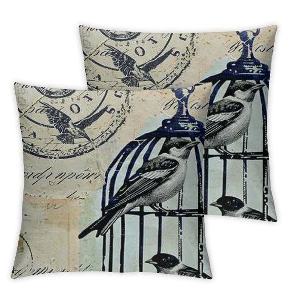 Throw Pillow Covers Farmhouse Home Decorative Pillowcase Vintage Sparrow Bird Cage with Postcard Stamp Lettering Background Cushion Covers Square Accent Pillow Case