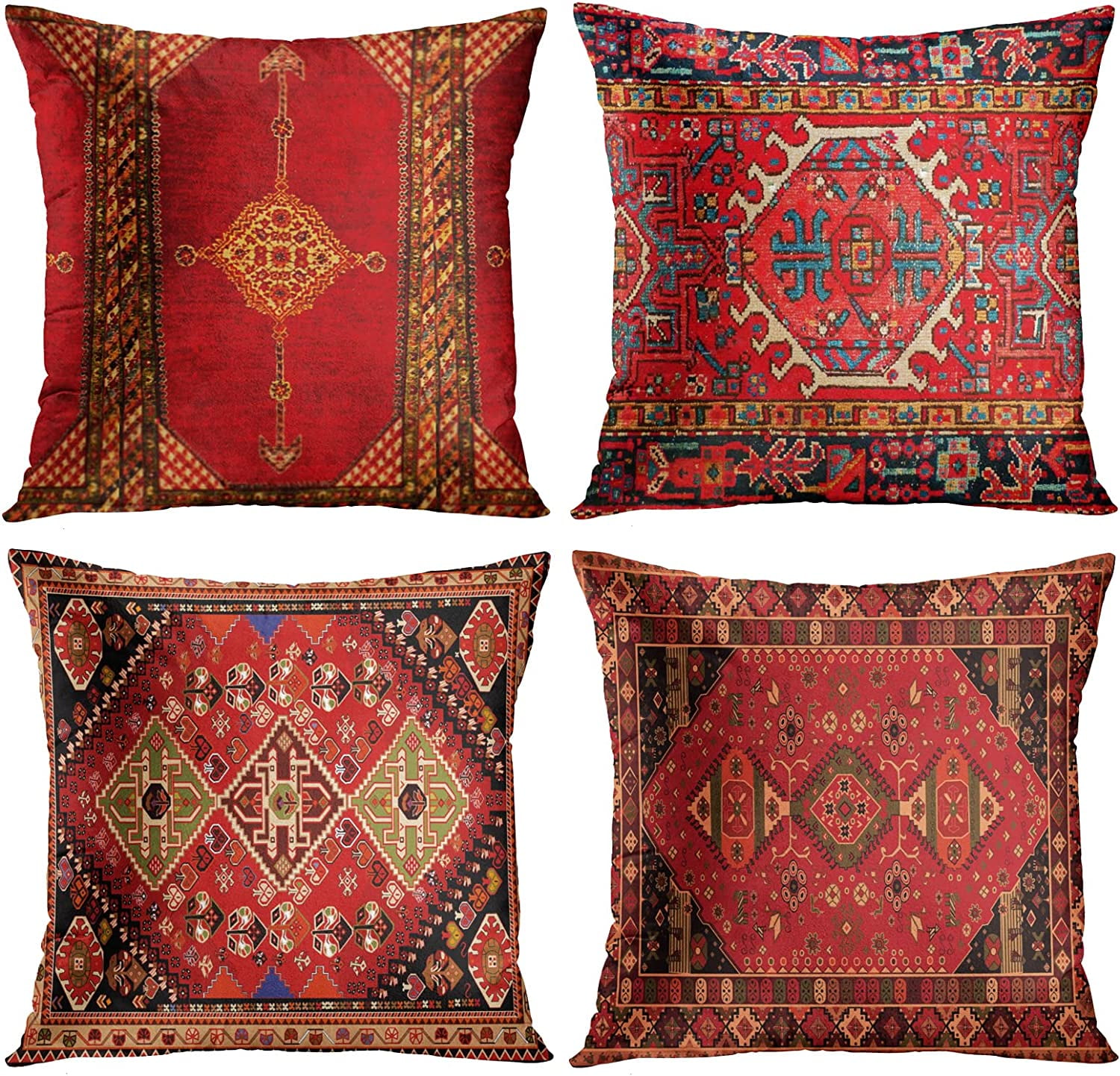 Set of 4 Red and Black Velvet Tribal Pillow Covers