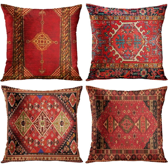 Throw Pillow Covers Geometric Kilim Home Decor Set of 4 Oriental Ikat Pillow Cases Decorative 18 x 18 Inches Cushion Couch Sofa Pillowcases Colorful Red Tribal