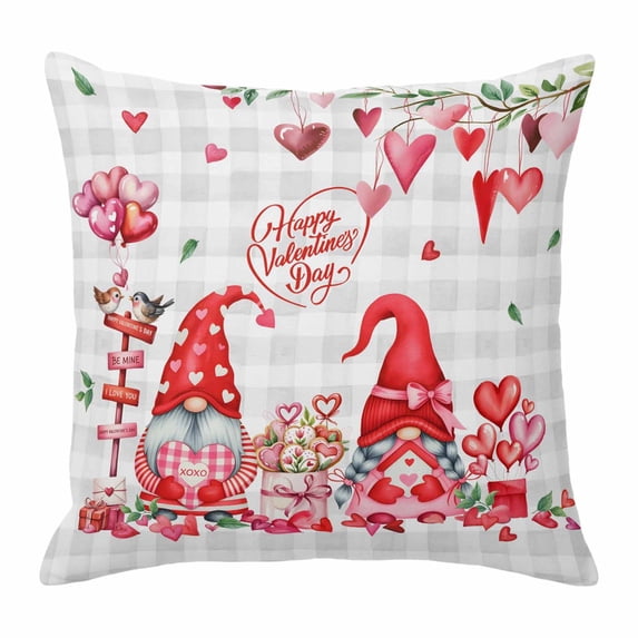 Throw Pillow Covers, Gnomes Valentine's Day Decorative Throw Pillow Covers 18x18 Inch, Pink Love Heart Branches Plaid Square Linen Pillow Cases for Couch/Living Room/Sofa