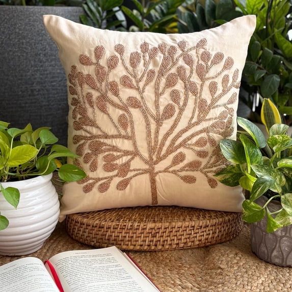 Throw Pillow Covers, Gold Pillow Cover 22x22 inch (55x55 cm), Hmade 22x22 inch (55x55 cm) Cushion Cover, Gold Pillow Cover, Beaded Tree Pillow Cover, Art Silk Square - The Gold Tree