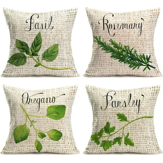 Throw Pillow Covers Green Plants with Botanical Quote Decorative Pillow Covers Set of 4 Cotton Linen Vintage Herb Plant Flower Leaves Decor Throw Waist Lumbar Pillow Case Cushion Cover 18"(Green Leaf)