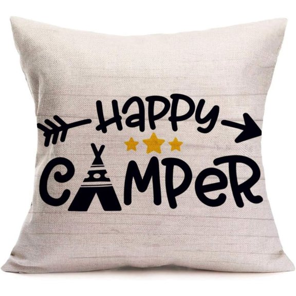Throw Pillow Covers Happy Camper Lettering Decorative Pillow Covers Cotton Linen Square Pillowcase Cushion Covers for Home Sofa Couch 18" x 18" (Happy Camper-1)
