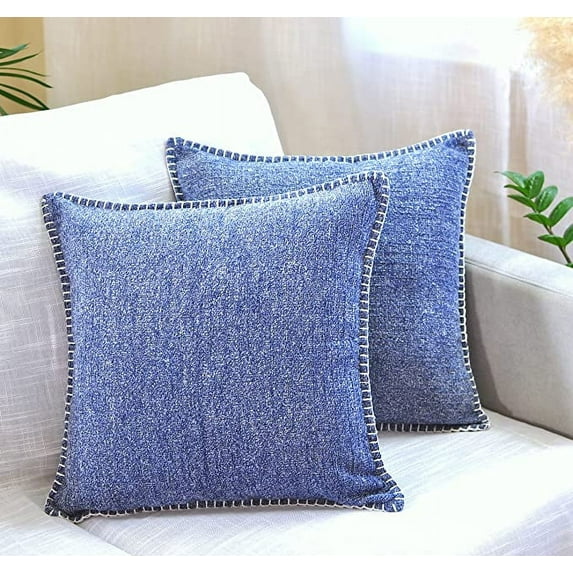 Throw Pillow Covers Heather Blue Set of 2 (20x20 inches) Trimmed Edges Soft Cozy Chenille Cushion Covers, Modern Pillow Covers for Sofa, Chairs, Decorative Pillows Covers for Bed, Couch