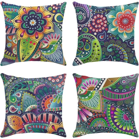 Throw Pillow Covers Home Decor Set of 4 Floral Colorful Paisley Flower Asian Pillow Cases Decorative 18 x 18 Inches Outdoor Cushion Couch Sofa Pillowcases