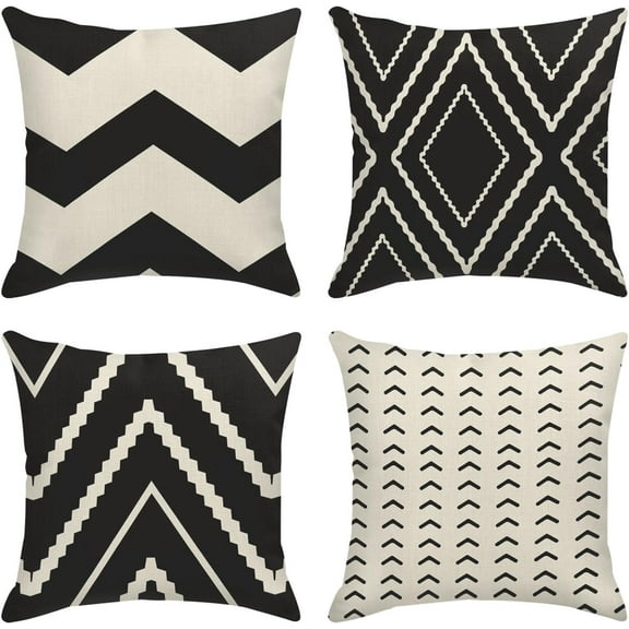 Throw Pillow Covers Home Decor Set of 4 Geometric Vintage Retro Tribal Boho Abstract Black White Modern Pillow Cases Decorative 18 x 18 Inches Outdoor Cushion Couch Sofa Pillowcases