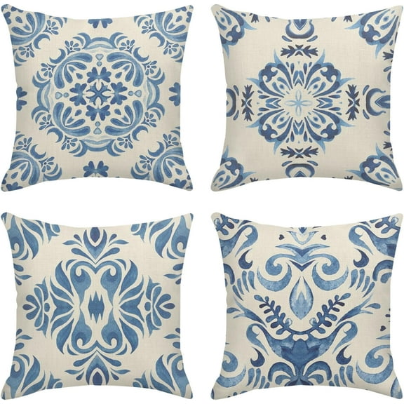 Throw Pillow Covers Home Decor Set of 4 Mandala Vintage Bohemian Ceramic Paisley Floral Boho Pillow Cases Decorative 18 x 18 Inches Outdoor Cushion Couch Sofa Pillowcases