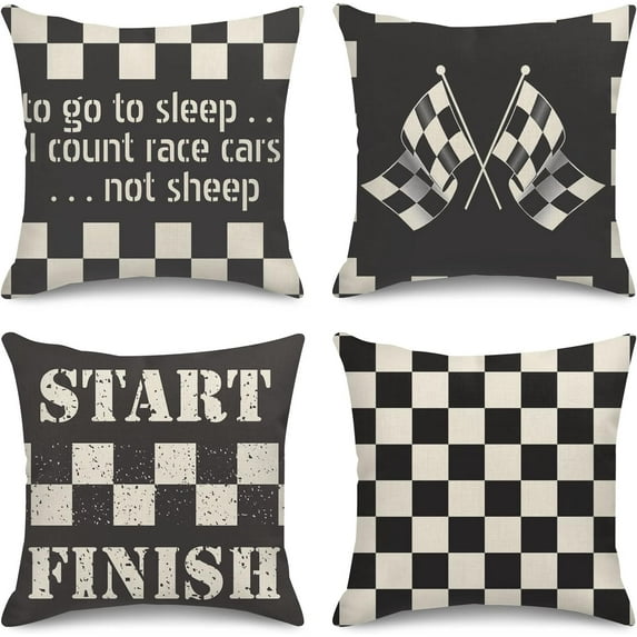 Throw Pillow Covers Home Decor Set of 4 Pillow Cases Decorative 18 x 18 Inches Cushion Couch Sofa Pillowcases Start Finish Race Checkered Complete