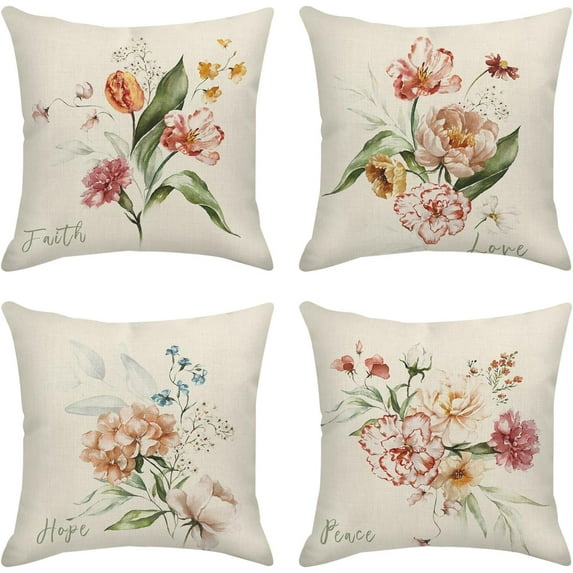 Throw Pillow Covers Home Decor Set of 4 Pink Flower Rose Leaves Floral Pillow Cases Decorative 18 x 18 Inches Outdoor Cushion Couch Sofa Pillowcases