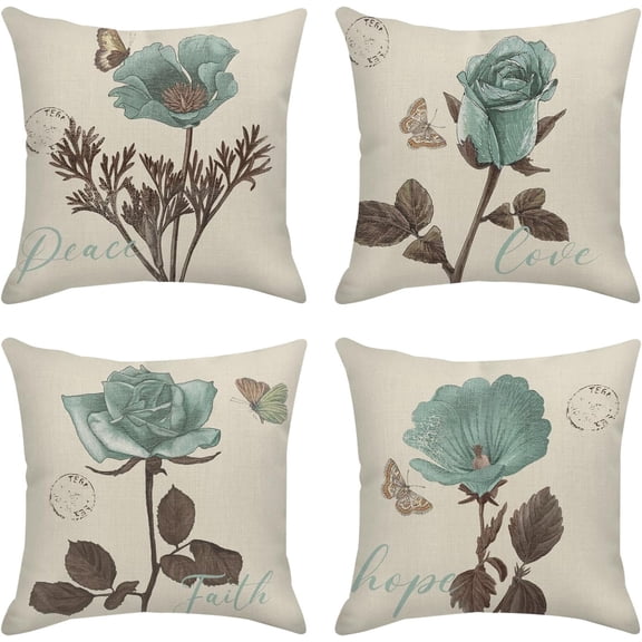 Throw Pillow Covers Home Decor Set of 4 Vintage Blue Flower Butterfly Pillow Cases Decorative 18 x 18 Inches Outdoor Cushion Couch Sofa Pillowcases