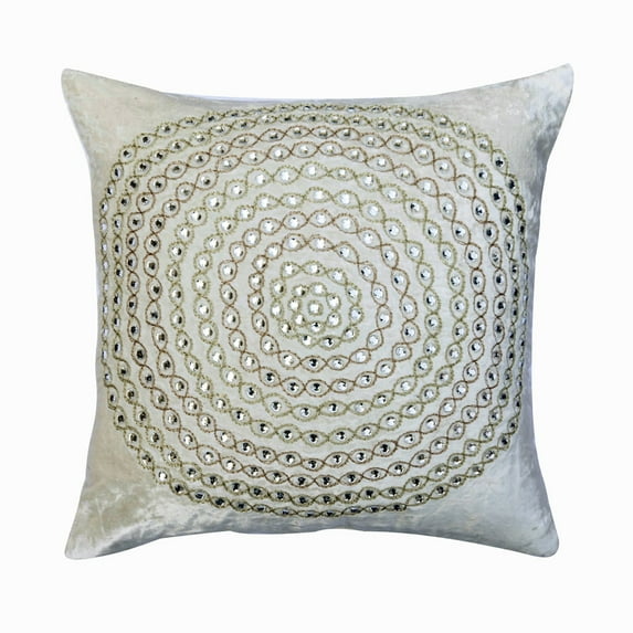 Throw Pillow Covers, Ivory 20"x20" (50x50 cm) Throw Pillow Covers, Velvet Crystal & Zardosi Throw Pillows For Couch, Abstract Pattern Contemporary Style - Crystal Gold String
