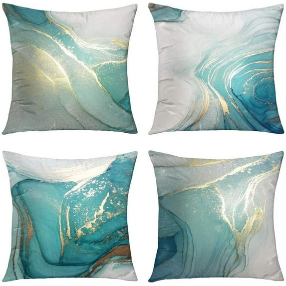 Throw Pillow Covers,Marble Texture Turquoise and Gold Silver Decorative Luxury Abstract Fluid Art Ink Soft Velvet Pillow Case Square Cushion Covers for Couch Sofa 18 x 18 Inch Set of 4