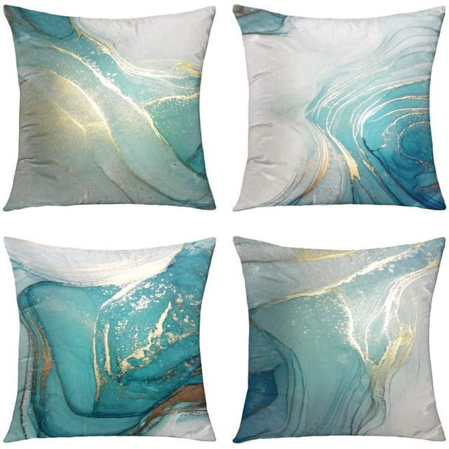 Throw Pillow Covers,Marble Texture Turquoise and Gold Silver Decorative
