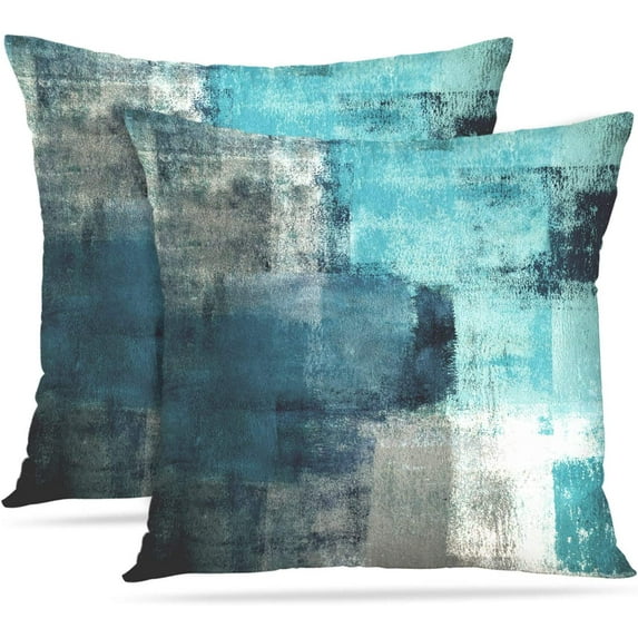 Throw Pillow Covers Modern Home Art Decor, 18 x 18 Inches Set of 2 Pillow Cases Decorative, Abstract Oil Painting Pillowcases for Bedroom, Living Room, Teal Peacock Blue