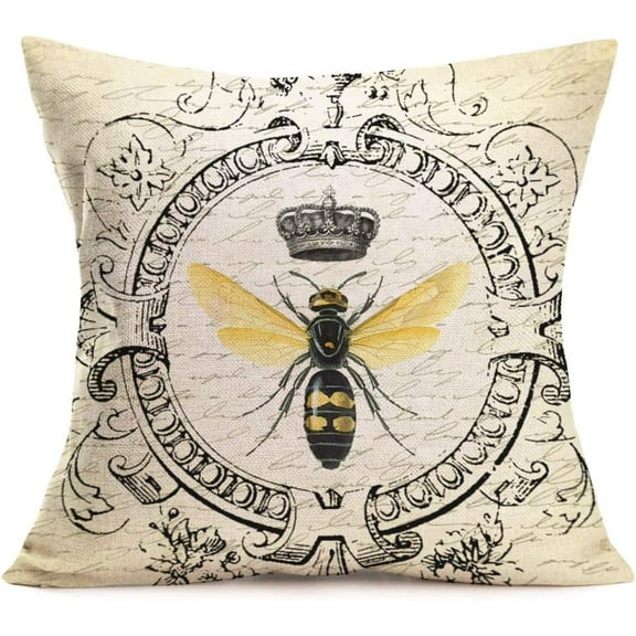 Throw Pillow Covers Modern Vintage French Queen Bee Decorative Throw Pillow Case Cushion Cover 18x18 inches Cotton Linen Home Sofa Decor Pillowcase (French-Bee)