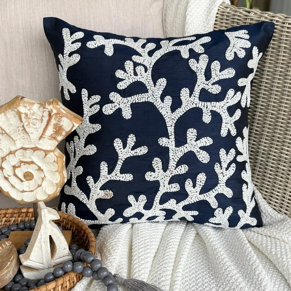 Throw Pillow Covers, Navy Blue Zippered Pillow Covers 16x16 inch (40x40 cm), Silk Throw Pillows For Couch, Sea Creatures, Corals, Sea Weeds, Beaded, Mediterranean - Navy Corals