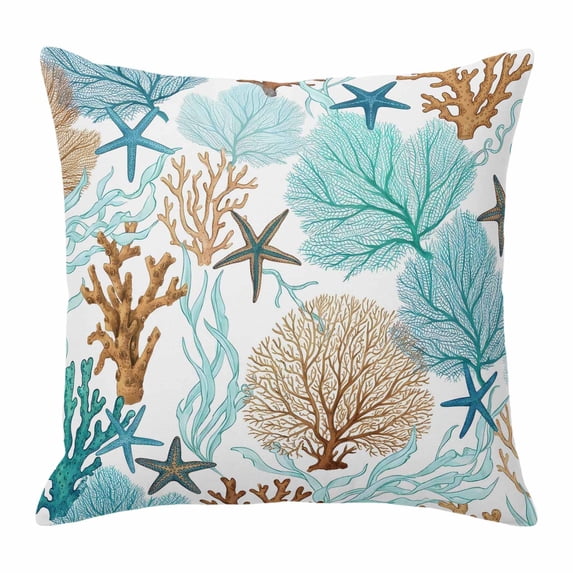 Throw Pillow Covers, Ocean Coral 24x24 Pillow Covers for Couch/Sofa/Bed, Summer Coastal Marine Seaweed Starfish Watercolor Decorative Square Linen Cushion Pillowcase for Home Decor