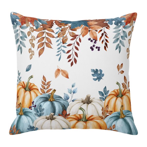 Throw Pillow Covers, Orange Blue Fall 16x16 Pillow Covers for Couch/Sofa/Bed, Thanksgiving Botanical Pumpkins Decorative Square Linen Cushion Pillowcase for Home Decor