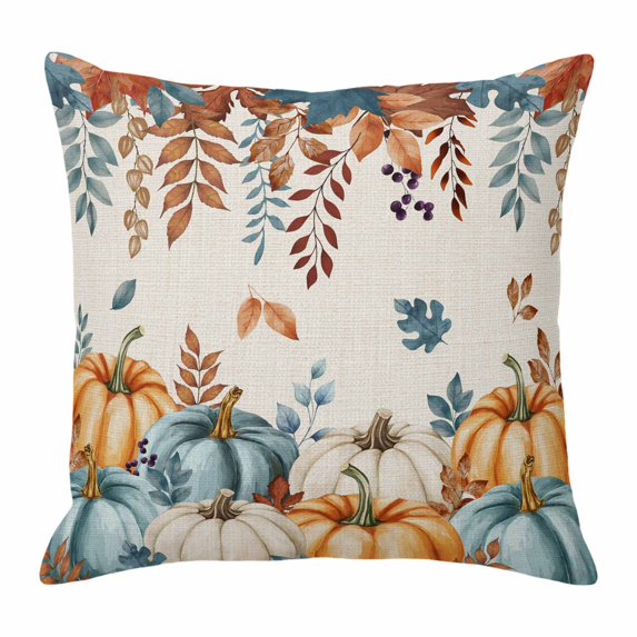 Throw Pillow Covers, Orange Blue Fall Decorative Throw Pillow Covers 18x18 Inch, Thanksgiving Pumpkins Harvest Botanical Rustic Square Linen Pillow Cases for Couch/Living Room/Sofa