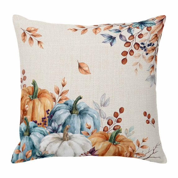 Throw Pillow Covers, Orange Blue Grey Pumpkins Fall Decorative Throw Pillow Covers 20x20 Inch, Thanksgiving Botanical Rustic Square Linen Pillow Cases for Couch/Living Room/Sofa
