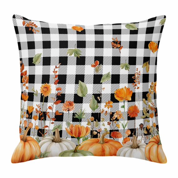 Throw Pillow Covers, Orange Green Fall Decorative Throw Pillow Covers 20x20 Inch, Pumpkins Maple Leaf Thanksgiving Plaid Square Linen Pillow Cases for Couch/Living Room/Sofa