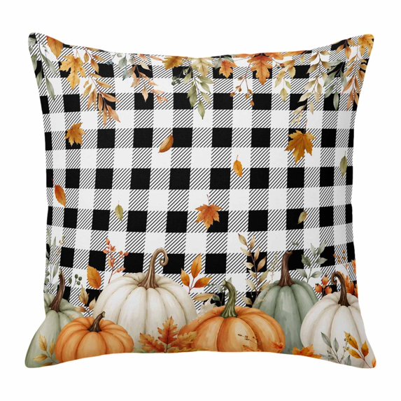 Throw Pillow Covers, Orange Green Pumpkins Fall Decorative Throw Pillow Covers 18x18 Inch, Thanksgiving Maple Leaf Plaid Square Linen Pillow Cases for Couch/Living Room/Sofa