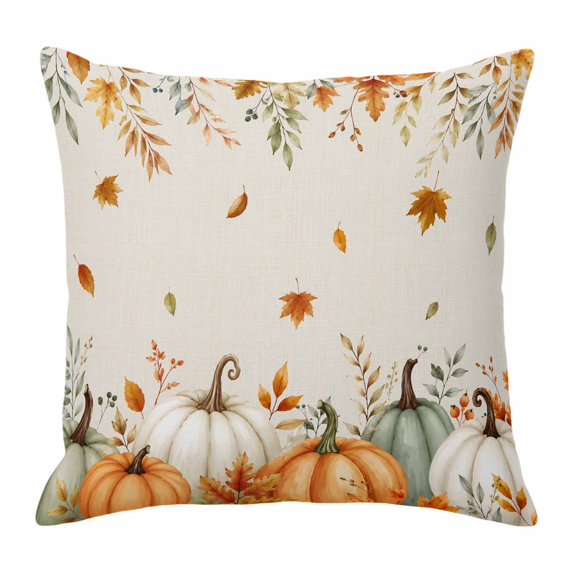 Throw Pillow Covers, Orange Green Pumpkins Fall Decorative Throw Pillow Covers 20x20 Inch, Thanksgiving Maple Leaf Rustic Square Linen Pillow Cases for Couch/Living Room/Sofa