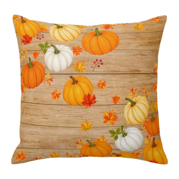 Throw Pillow Covers, Orange Thanksgiving Decorative Throw Pillow Covers 18x18 Inch, Fall Maple Leaves Berries Brown Wooden Square Linen Pillow Cases for Couch/Living Room/Sofa