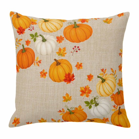 Throw Pillow Covers, Orange Yellow Pumpkin Fall Decorative Throw Pillow Covers 20x20 Inch, Rustic Maple Leaf Thanksgiving Square Linen Pillow Cases for Couch/Living Room/Sofa