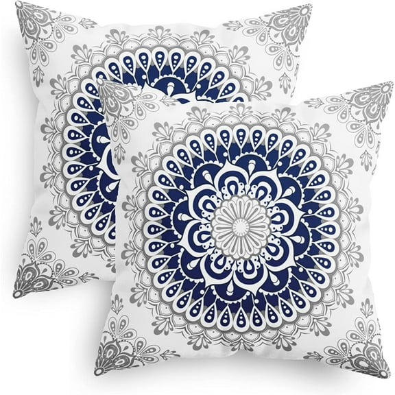 Throw Pillow Covers Pack of 2 Mandala Dahlia Floral Medallion Compass Style Cushion Cases for Couch Bed Sofa Farmhouse Decoration 16 X 16 Inches Navy Blue Grey