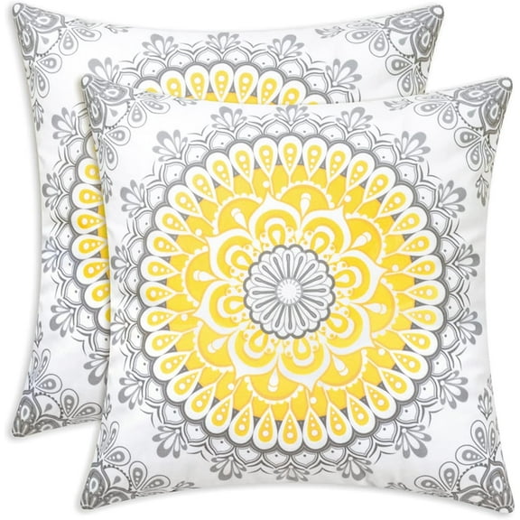 Throw Pillow Covers Pack of 2 Mandala Dahlia Floral Medallion Compass Style Cushion Cases for Couch Bed Sofa Farmhouse Decoration 16 X 16 Inches Yellow Grey