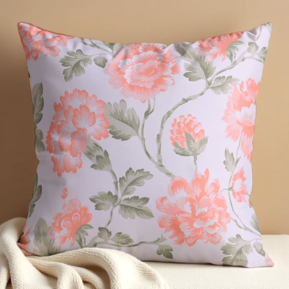 Throw Pillow Covers Pack of 1 for Living Room Table, Floral Printed Cushion Case, 20x20 inches - White Pink - Home Decor