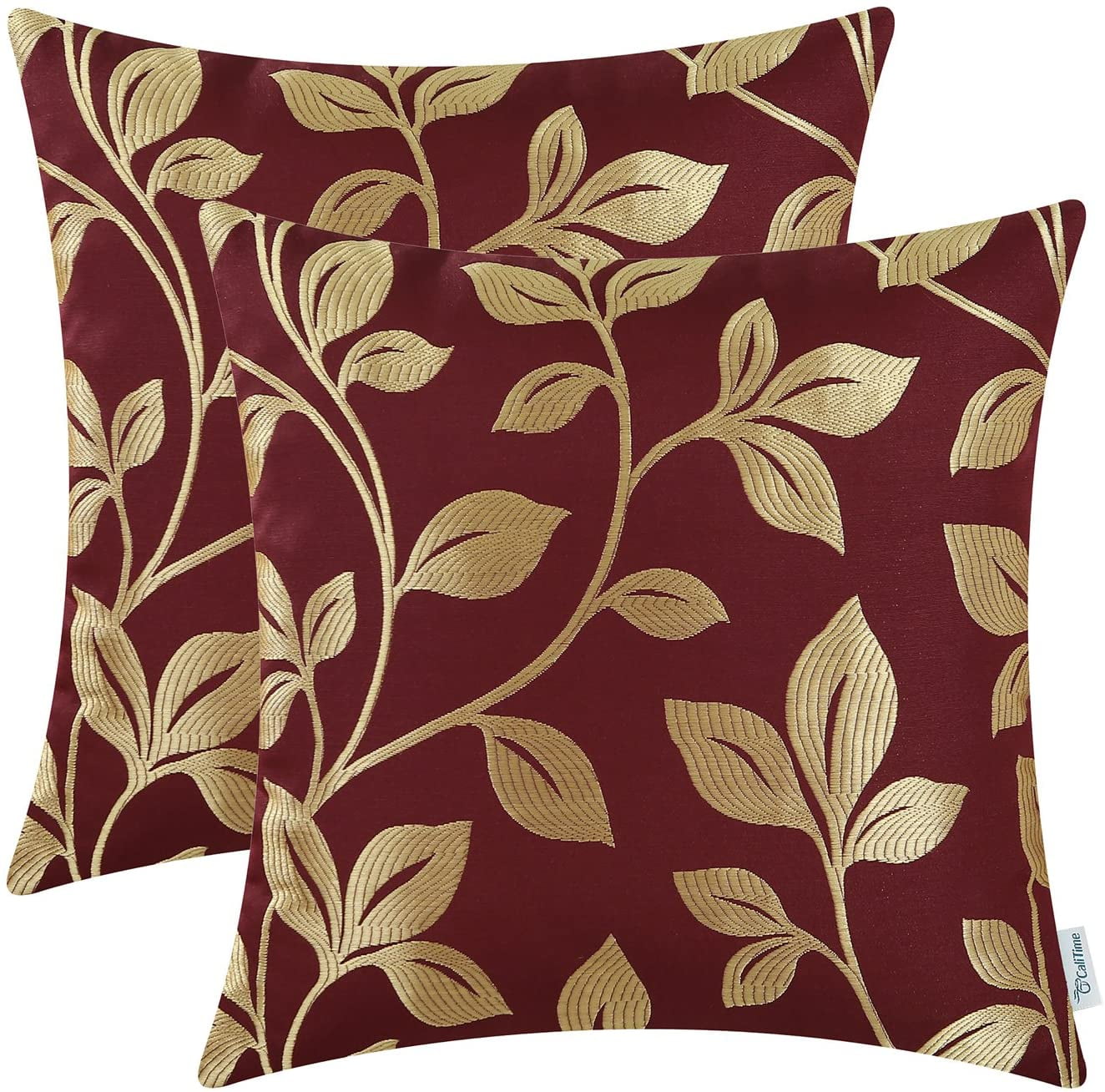 Burgundy and Gold Leaf Jacquard Throw Pillow Covers 18" x 18" Set of 2