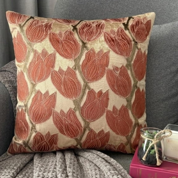 Throw Pillow Covers, Pearl Beige Throw Pillow Covers 16x16 inch (40x40 cm), Velvet Couch Throw Pillow Covers, Nature & Floral, Tulip, Applique, Modern Designer - Blooming Tulips