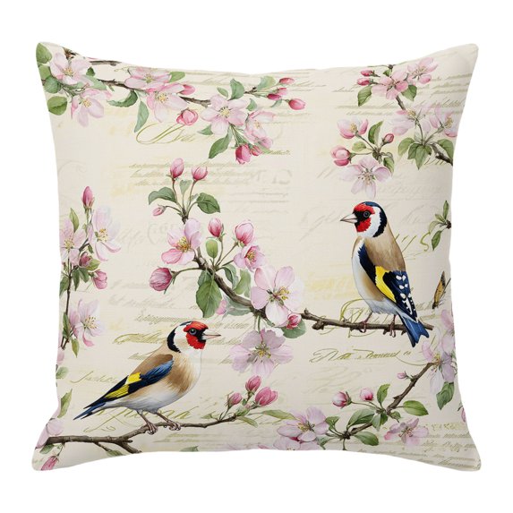 Throw Pillow Covers, Pink Spring Floral Decorative Throw Pillow Covers 20x20 Inch, Birds Elegant Farmhouse Art Square Linen Pillow Cases for Couch/Living Room/Sofa