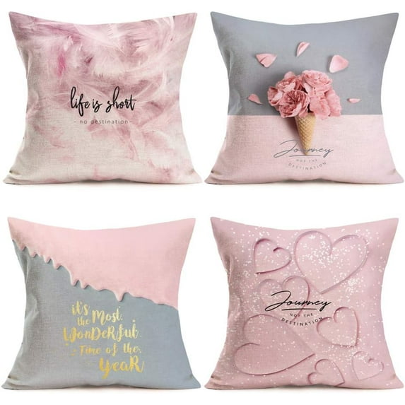 Throw Pillow Covers Pink Sweet Series Printed Journey Lettering Decorative Throw Pillow Case Square 18" x 18" Home Couch Bed Set of 4 Summer Pillowslips (Pink Style)