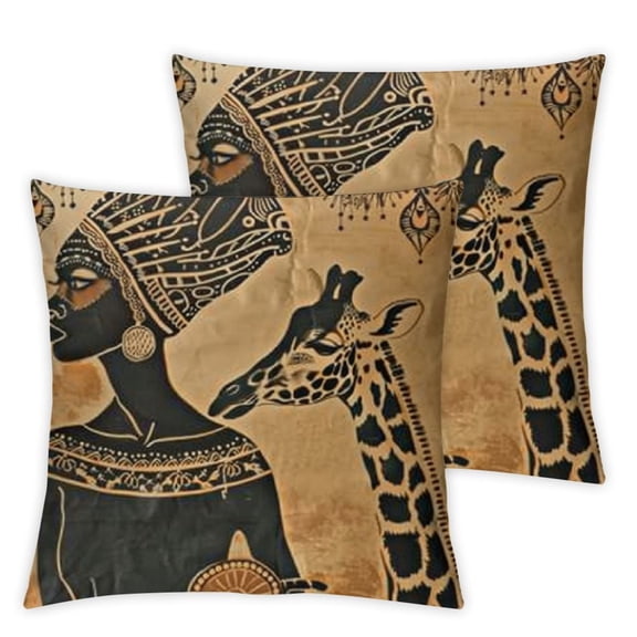 Throw Pillow Covers Retro Abstract Black and Brown Basket Zebra Giraffe African Women Ethnic Tribe Decorative Pillow Cases Home Decor Standard Square Inches Pillowcases
