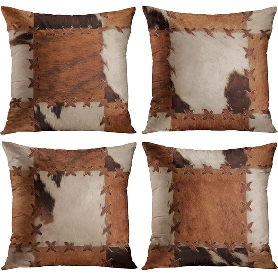 Throw Pillow Covers, Retro Brown Rustic Cowhide Print Home Decor Set of 4 Pillow Cases, 18 X 18 inches Sofa Cushion Couch Sofa Pillowcases Decorative