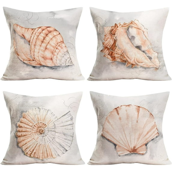 Throw Pillow Covers Sea Coastal Theme Conch Decorative Pillow Covers Set of 4 Vintage Ocean Beach Throw Pillow Case Nautical Cushion Covers Sofa Couch Bedding Pillowslip 18"x18" (Shell Set)
