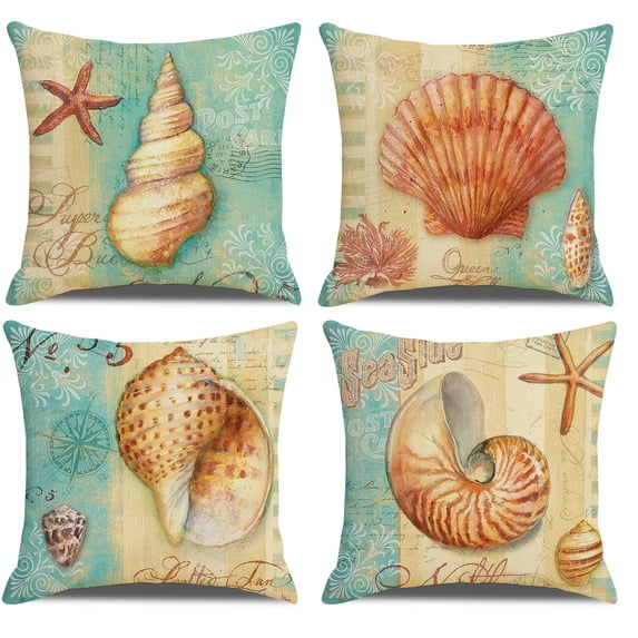 Throw Pillow Covers Sea Ocean Beach Theme Nautical Ocean Coral Seashells Decorative Pillow Case Coastal Cushion Covers Set of 4 Mediterranean Style Pillowslip 18" x 18"