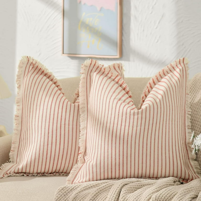 Throw Pillow Covers Set of Striped Pillow Covers with Fringe