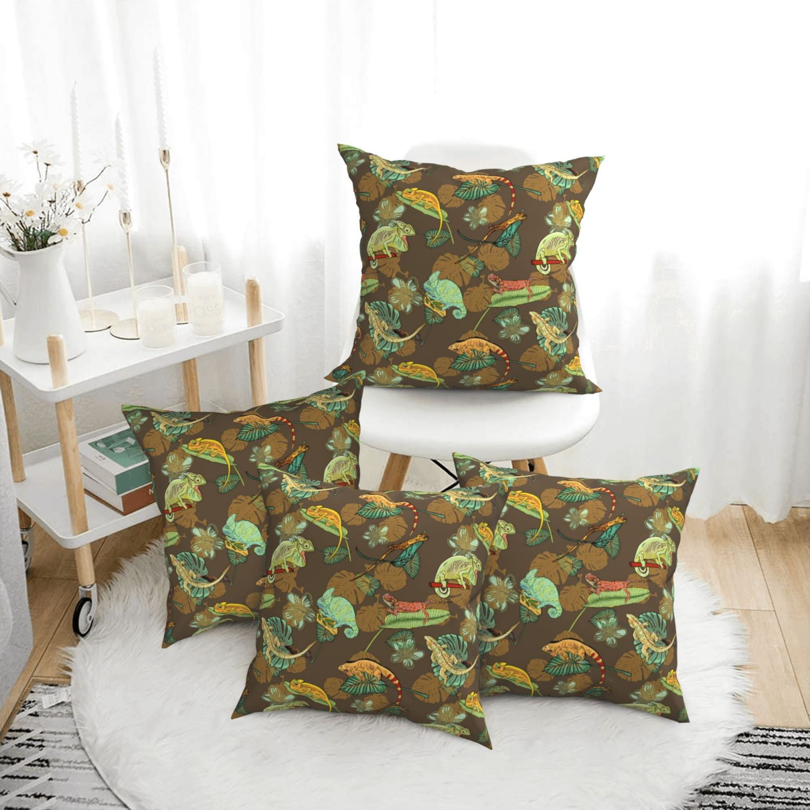 Throw Pillow Covers Set of 4 Artistic Cute Lizard Chameleon Green