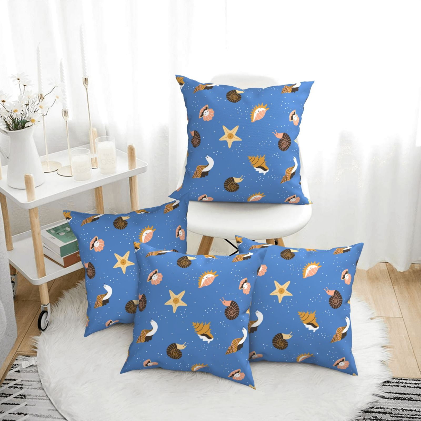 Throw Pillow Covers Set of 4 Conch Shell Blue Decorative Pillowcase for