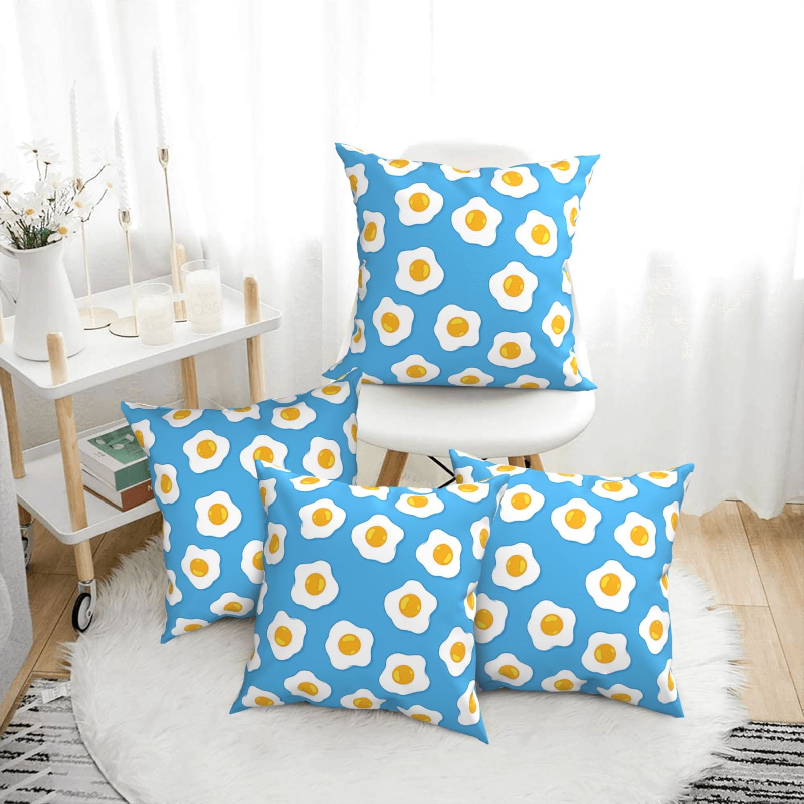 Throw Pillow Covers Set of 4 Cute Fried Egg Turquoise Decorative