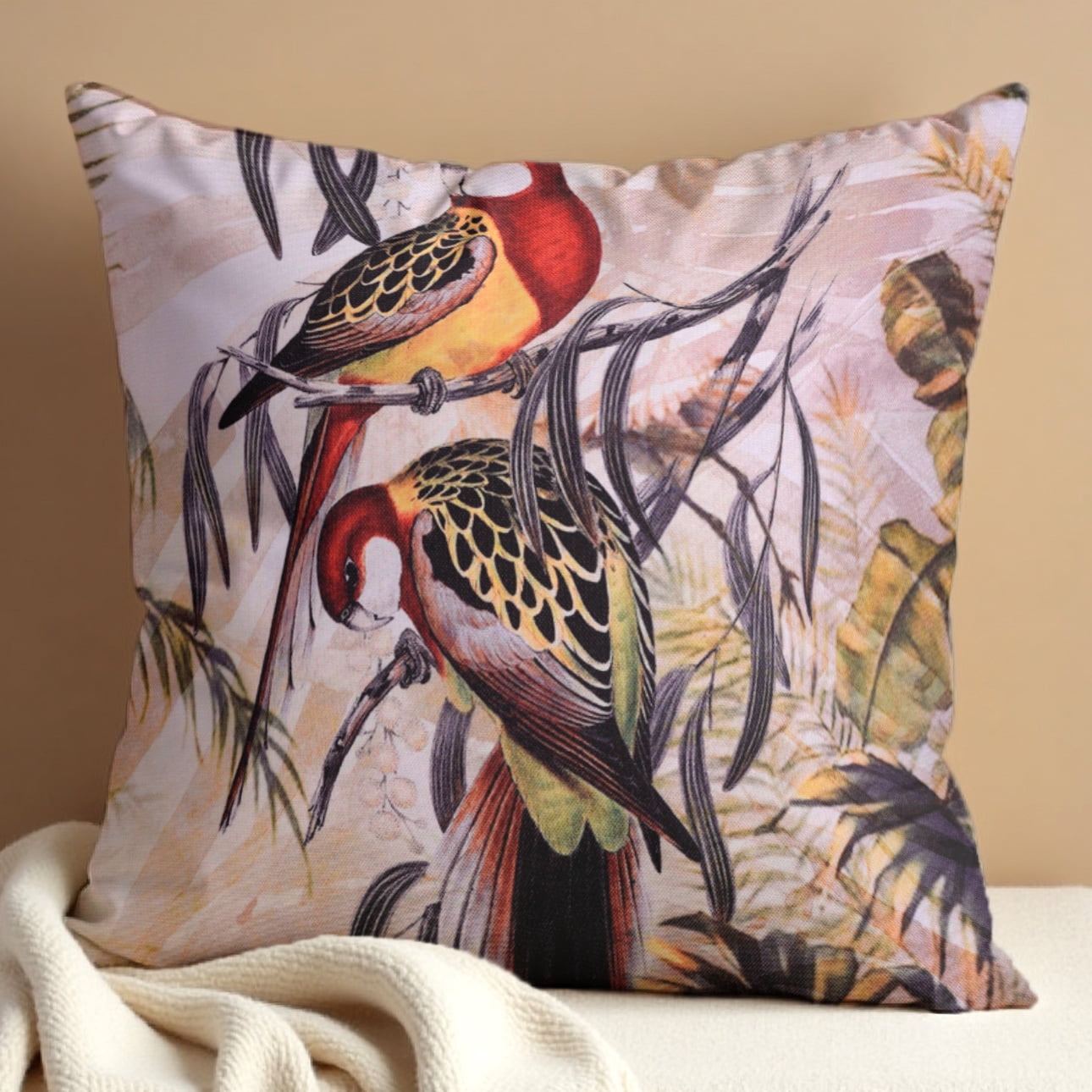 Throw Pillow Covers - Set of 4 Decorative Birds Printed Design Cushion Case for Home Decor Sofa Couch Chair Bed Patio Living Room Bedroom Car Office - 18x18 Inches