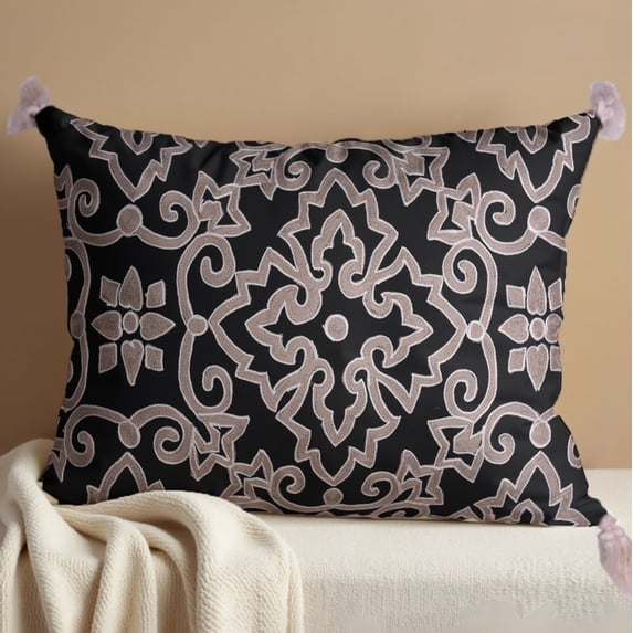 Throw Pillow Covers - Set of 4 Embroidered Decorative Cushion Case for Home Decor Sofa Couch Chair Bed Patio Living Room Bedroom Car Office Study - Black Beige, 14x20 Inches
